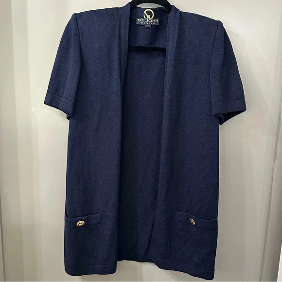 ST JOHN Basics Santana Knit Navy Open Front Short Sleeve Cardigan Size Small - Picture 1 of 4